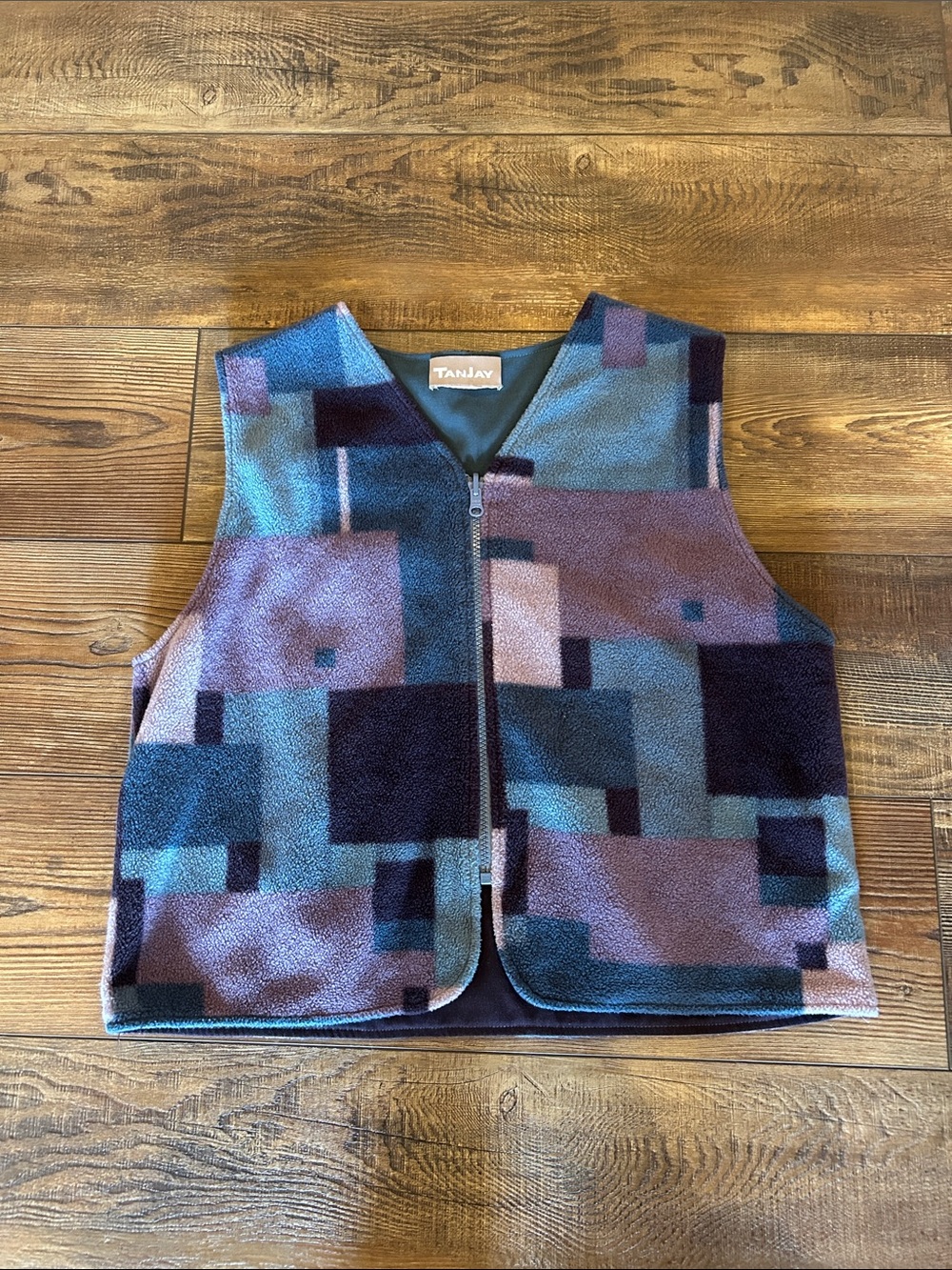 Vintage TanJay Geometric Fleece Vest in Teal, Purple & Navy